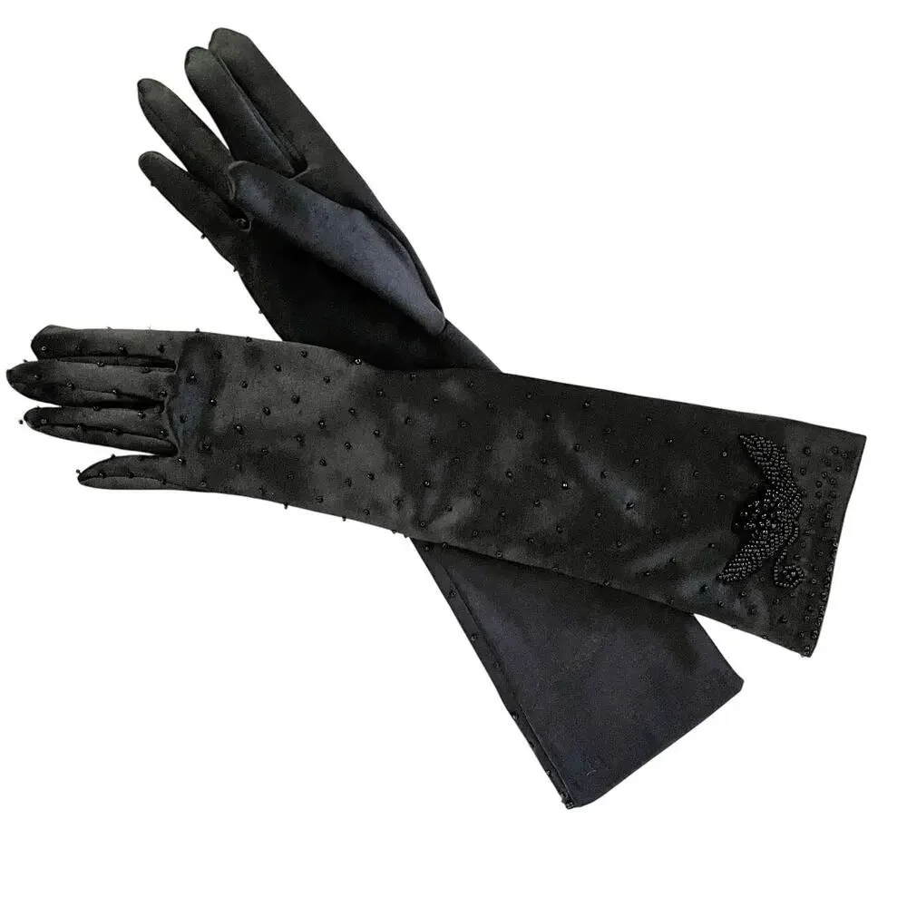 Vintage Beaded Black Satin Upper Forearm Long Formal Evening Gloves Size S/M